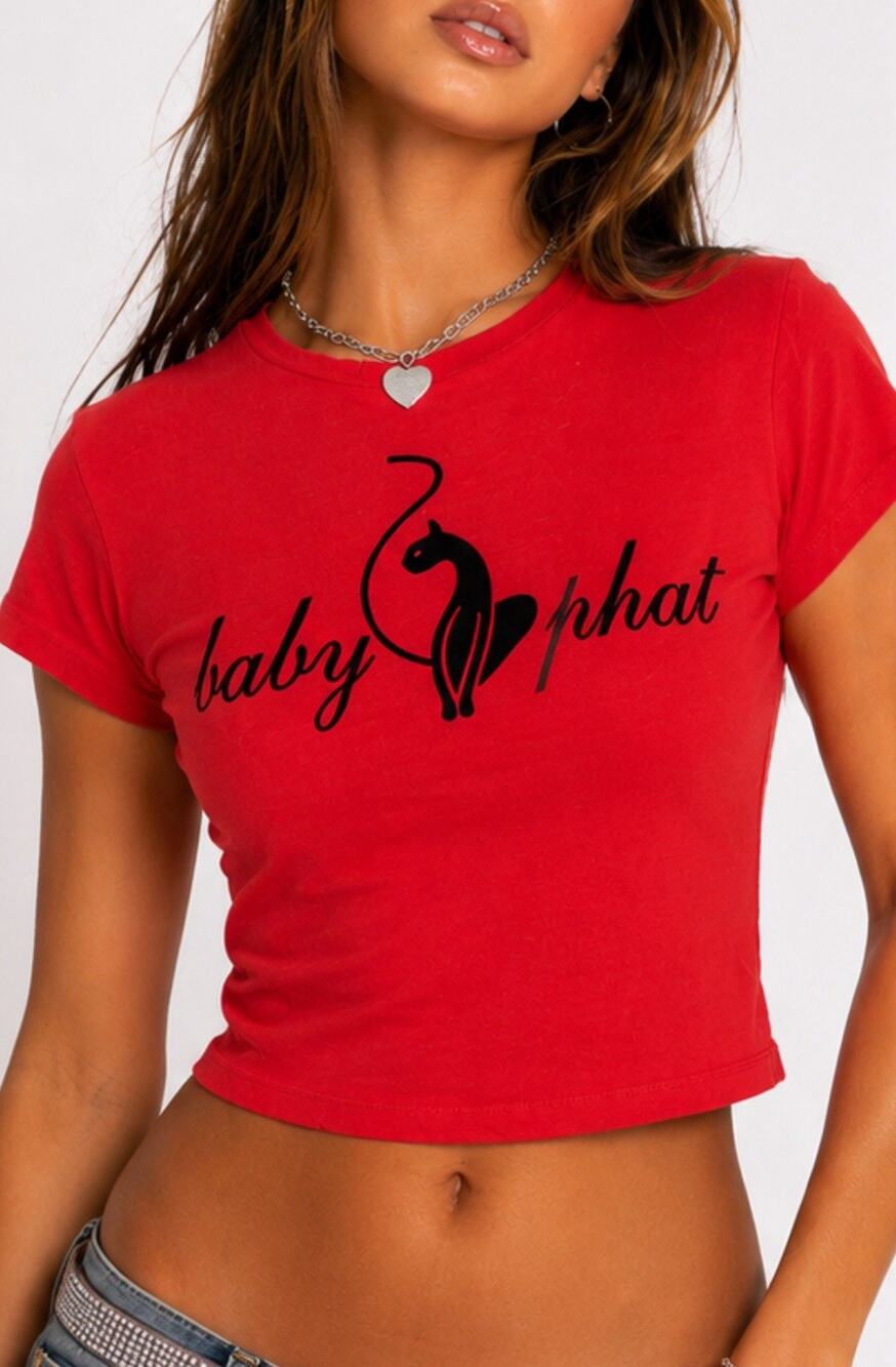 Baby Phat Red Cropped Graphic Tee Women L Large Y2K Stretch Cotton Cat Logo Top